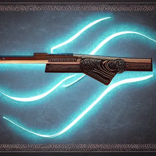 Prompt: a magic shotgun made out of wood, glowing in power, digital art, intricate details, professional