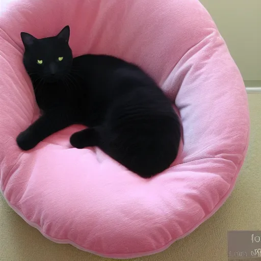 Image similar to Black skinny cat with dark green eyes sleeping on a pink gaming chair on a sakura pillow