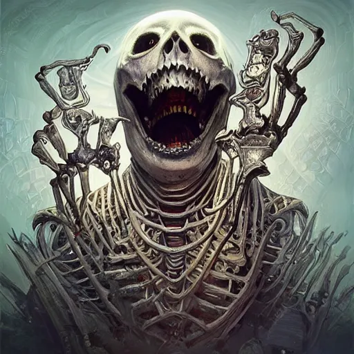 Prompt: “a grinning skeleton who has come to life, egyptian motifs, spooky scary skeleton come to life, D&D, fantasy, intricate, cinematic lighting, highly detailed, digital painting, artstation, concept art, smooth, sharp focus, illustration, art by Artgerm and Greg Rutkowski and Alphonse Mucha”