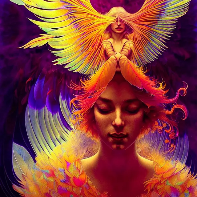 Image similar to face of psychedelic transcendent feather mind bending psychedelic wings of glossy liquid honey flowing like kaleidoscopic translucent holograph, lsd feathers, feathery fluff, enlightenment, high contrast dappled lighting, refracted sunset, highly detailed, concept art, art by collier, albert aublet, krenz cushart, artem demura, alphonse mucha