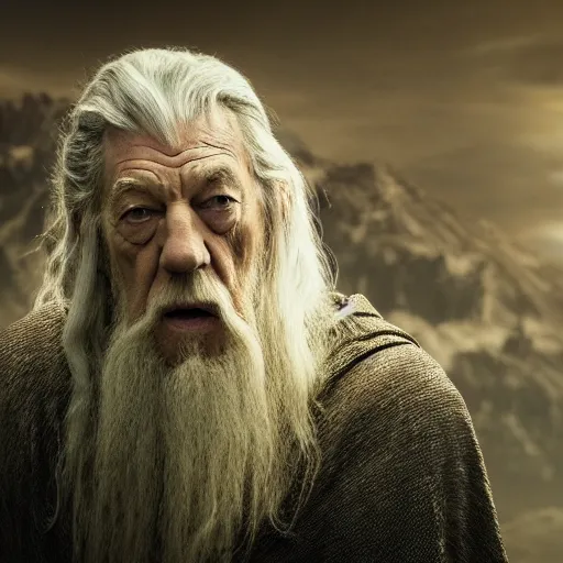 Prompt: distant landscape photo of the evil ian mckellen as gandalf in a dark viking hood playing odin all father from the thor movie crafting a neural network with synapses on am anvil, highly detailed, cinematic shot, cinematic lighting, 8 k, exquisit facial detail