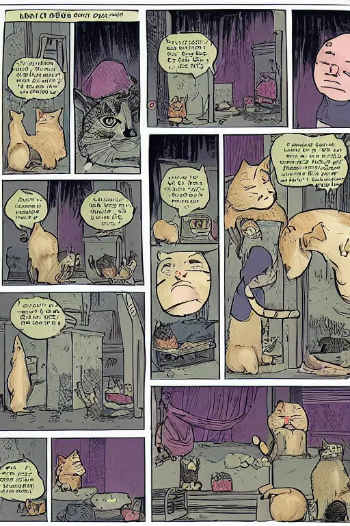 Prompt: a graphic novel comic about cats, by mike holmes, by james l barry