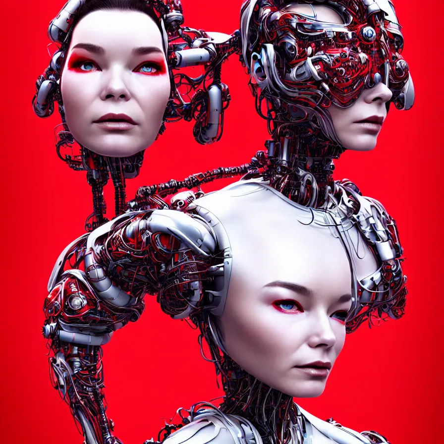 Prompt: bjork fashion portrait, vogue, red biomechanical, inflateble shapes, wearing epic bionic cyborg implants, masterpiece, intricate, biopunk futuristic wardrobe, highly detailed, artstation, concept art, background galaxy, cyberpunk, octane render