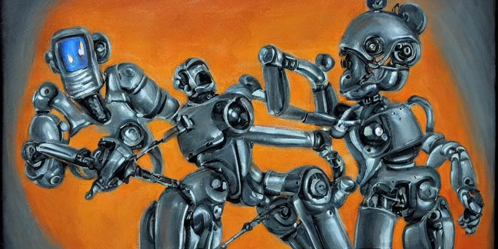 Image similar to a professional art of one sci - fi robot with hammer and nail, artstaition.