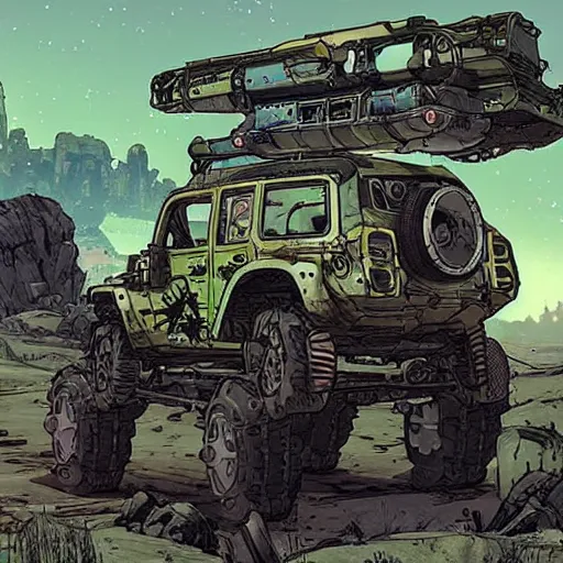 Prompt: froggy mech jeep concept borderland that looks like it is from Borderlands and by Feng Zhu and Loish and Laurie Greasley, Victo Ngai, Andreas Rocha, John Harris