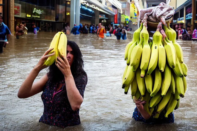 Image similar to closeup portrait of a woman carrying a bunch of bananas over her head in a flood in Rundle Mall in Adelaide in South Australia, photograph, natural light, sharp, detailed face, magazine, press, photo, Steve McCurry, David Lazar, Canon, Nikon, focus