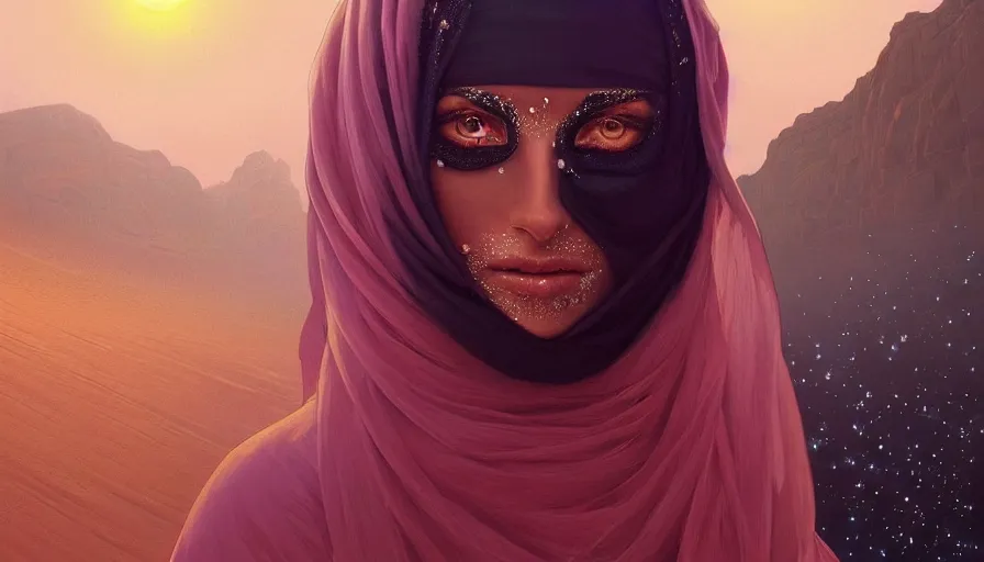 Image similar to Portrait of very very very very very very beautiful Arab woman wearing a Niqab, glowing magical eyes, energy trails, under giant full moon in the desert, intricate, elegant, highly detailed, digital painting, artstation, concept art, smooth, sharp focus, illustration, art by artgerm and greg rutkowski and alphonse mucha