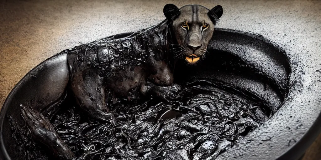 Prompt: a black lioness made of tar bathing inside the bathtub full of tar, covered with black goo, covered with slime, drooling ferrofluid, dripping ferrofluid. dslr, photography, realism, animal photography, color, modern bathroom, hyper realistic, 8 k resolution, v - ray, render, photoreal