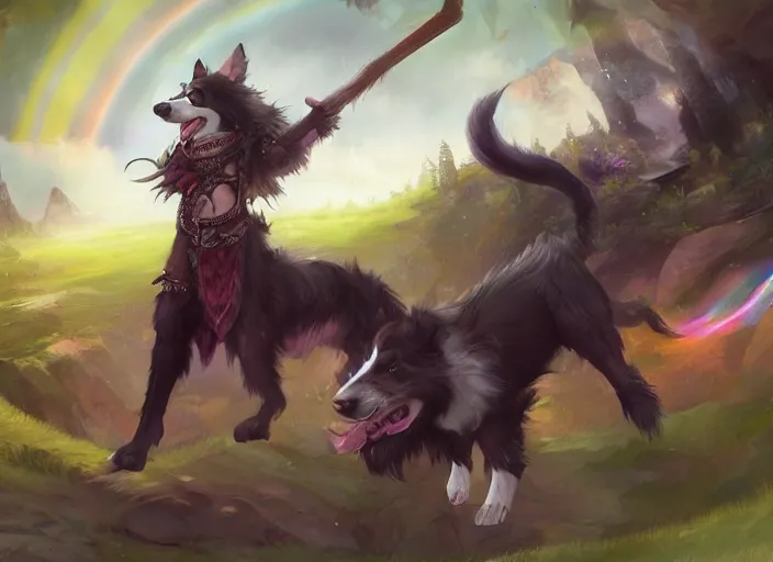 Prompt: wide angle beautiful full body portrait of a cute male anthropomorphic anthro border collie fursona wearing a barbarian outfit in a rainbow, character design by charlie bowater, henry asencio, and ross tran, disney, scenic background, detailed, glamor pose, aesthetic, trending on artstation, furaffinity, deviantart