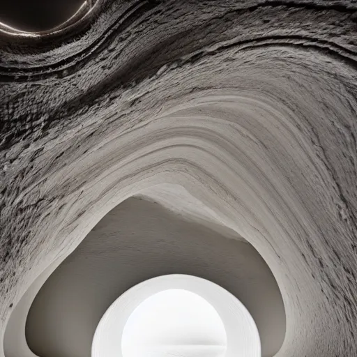 Image similar to a circular portal structure in the centre of an abandoned white cave full of geodes, beautiful curves, golden ratio, epic lighting, unusual composition, 4 k, zaha hadid, irakli nadar