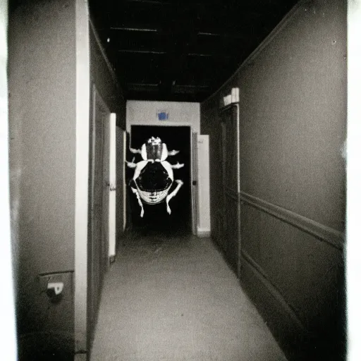 Prompt: a terrifying insect monster at the end of a hallway, dark!, creepy, nightmare fuel!!!, unsettling, uncanny valley!, old polaroid, expired film,