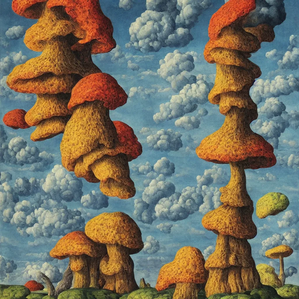 Prompt: a single! colorful!! ( lovecraftian ) fungus tower clear empty sky, a high contrast!! ultradetailed photorealistic painting by maria sibylla merian and rene magritte, hard lighting, masterpiece