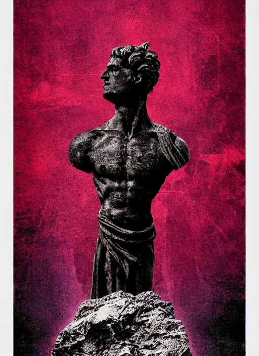 Image similar to elegant dark design poster showing a greco roman statue, black background with very subtle red and purple design elements, powerful, nekro, vito acconci, thin straight lines, dark, glitch art, neo vaporwave, gritty, layout frame, square, extremly detailed, trending on artstation