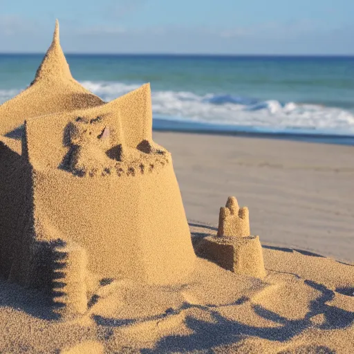 Prompt: a photo of cat making a sand castle on the beach