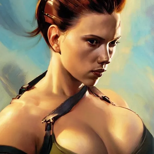 Image similar to greg manchess portrait of scarlett johansson as roided thick very muscular lara croft, fantasy, medium shot, asymmetrical, profile picture, organic painting, sunny day, matte painting, bold shapes, hard edges, street art, trending on artstation, by huang guangjian and gil elvgren and sachin teng