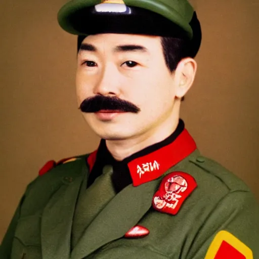 Image similar to portrait photo of yoshi, famous war criminal, mario, mario bros, wearing uniform, military