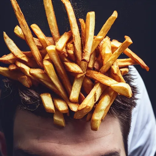 Image similar to a man with french fries as hair, 8 k, 4 k, professional photography, award winning photo