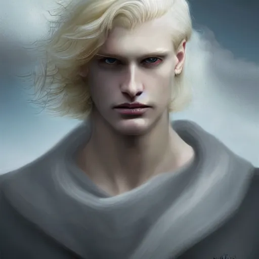 Prompt: digital art of a pale menacing male Cyborg Angel of Battle with fluffy blond curls of hair and piercing eyes, johan liebert mixed with Dante, central composition, he commands the fiery power of resonance and wrath, very very long blond curly hair, baroque curls, by James Gurney and Seb mckinnon and WLOP, Artstation, CGsociety