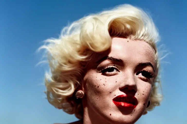 Prompt: natural 8 k close up shot of marilyn monroe with freckles, natural skin and beauty spots in a 2 0 0 5 romantic comedy by sam mendes. she stands and looks on the horizon with winds moving her hair. fuzzy blue sky in the background. no make - up, no lipstick, small details, wrinkles, natural lighting, 8 5 mm lenses, sharp focus