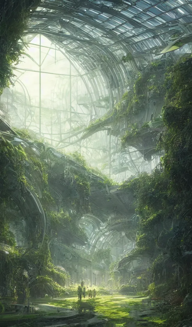 Prompt: vanishing point, green house, spaceship, plants, viewed from afar, stephen bliss, misty, unreal engine, fantasy art by greg rutkowski, loish, ferdinand knab, and lois van rossdraws, global illumination, radiant light, minimalist, detailed and intricate environment