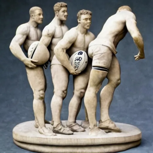 Image similar to handsome rugby players in a scrum, marble sculpture