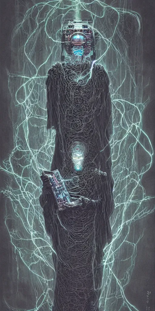 Prompt: painting of a cloaked tech priest holding a book, cybernetic enhancements attached to his body, covered in wiring, praise the omnissaiah, Zdzislaw Beksinski, Lewis Jones, mattias adolfsson, Warhammer 40K!!, cold hue's, cold tone gradient background, concept art, digital painting