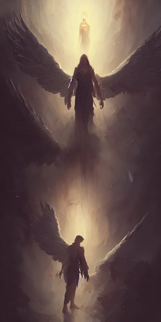 Image similar to angel protecting man, detailed intricate illustration, dark atmosphere, detailed illustration, hd, 4 k, digital art, overdetailed art, by greg rutkowski, by loish, complementing colors, trending on artstation, deviantart