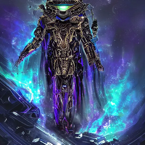 Prompt: Epic dark gritty space scene featuring the iridescent cloaked hooded warrior partially cybernetic entity god of future technology wielding cosmic weaponry, ornate galactic gold, intricate, ornate, gothic, colorful, vibrant, smooth, moody, ominous and intense, crystallic, iridescent, lasers, gems, multicolored glints, precious elements, armor contains future circuitboard processor microchips, beautiful, detailed, concept art, render, unreal engine, 4K, artstation