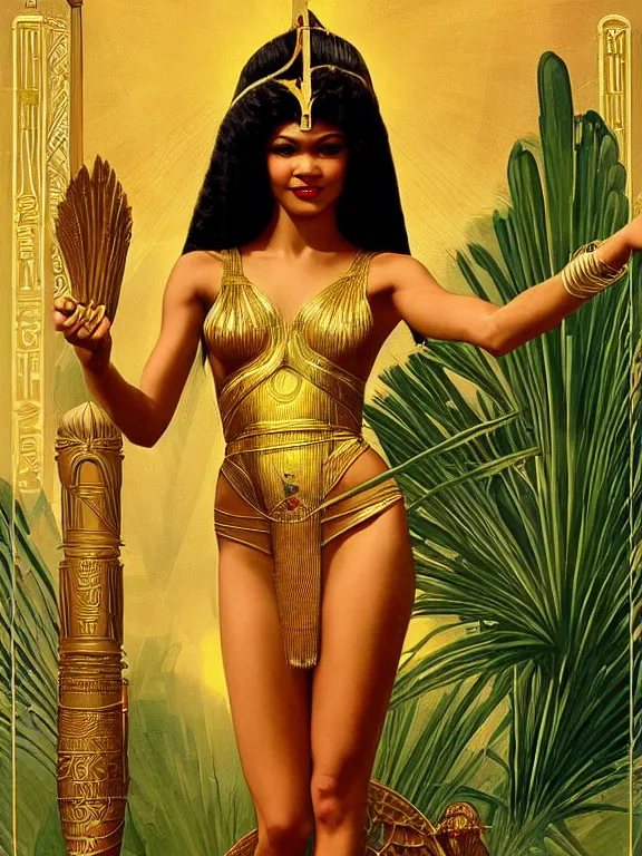 Image similar to zendaya as the Egyptian goddess isis the lady of the fertile Nile, a beautiful art nouveau portrait by Gil elvgren, Nile river environment pyramids water garden , centered composition, defined features, golden ratio, gold jewelry