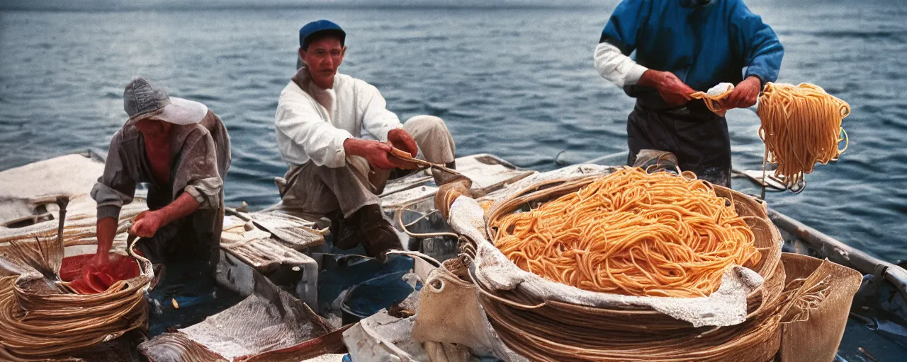 Image similar to fisherman pulling up a fresh catch of spaghetti from the ocean, canon 5 0 mm, cinematic lighting, photography, retro, film, kodachrome