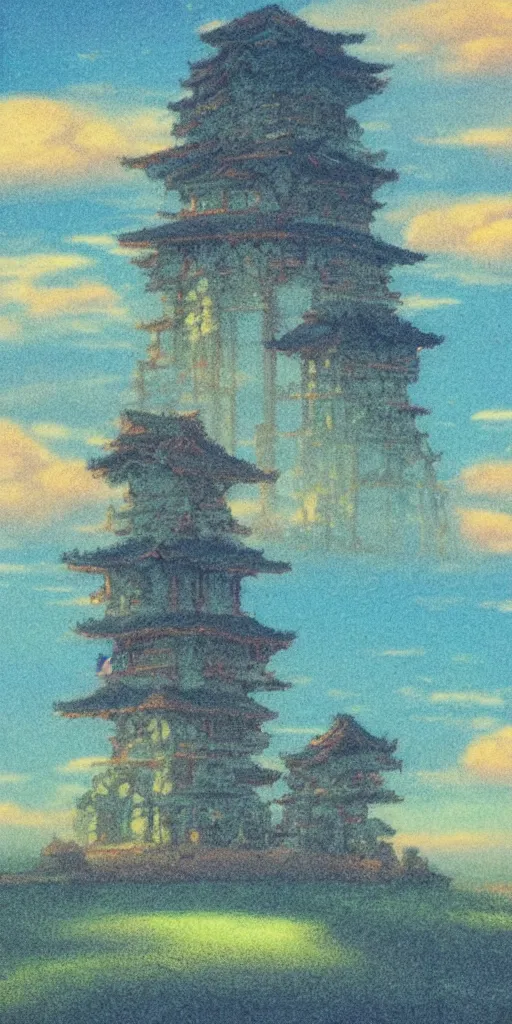 Image similar to “ a landscape pastel in the style of noriyoshi ohrai of an ancient holy tower, it has iridescent mana radiating from it. it is centered. the background is the sky at night. retrofuturistic fantasy ”