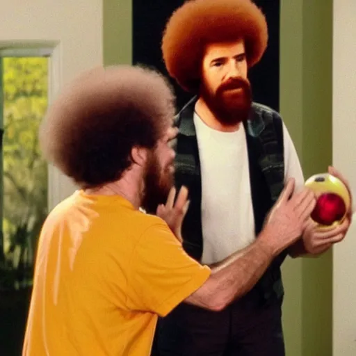 Prompt: screaming bob ross throwing a ball to jessie pinkman