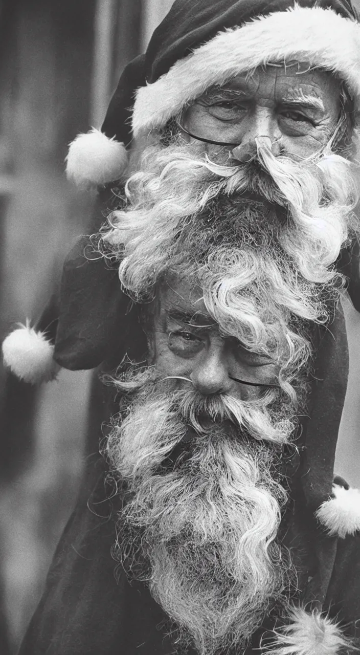 Prompt: hobo santa portrait, candid photo from streets of portland, american depression, 1 9 8 8