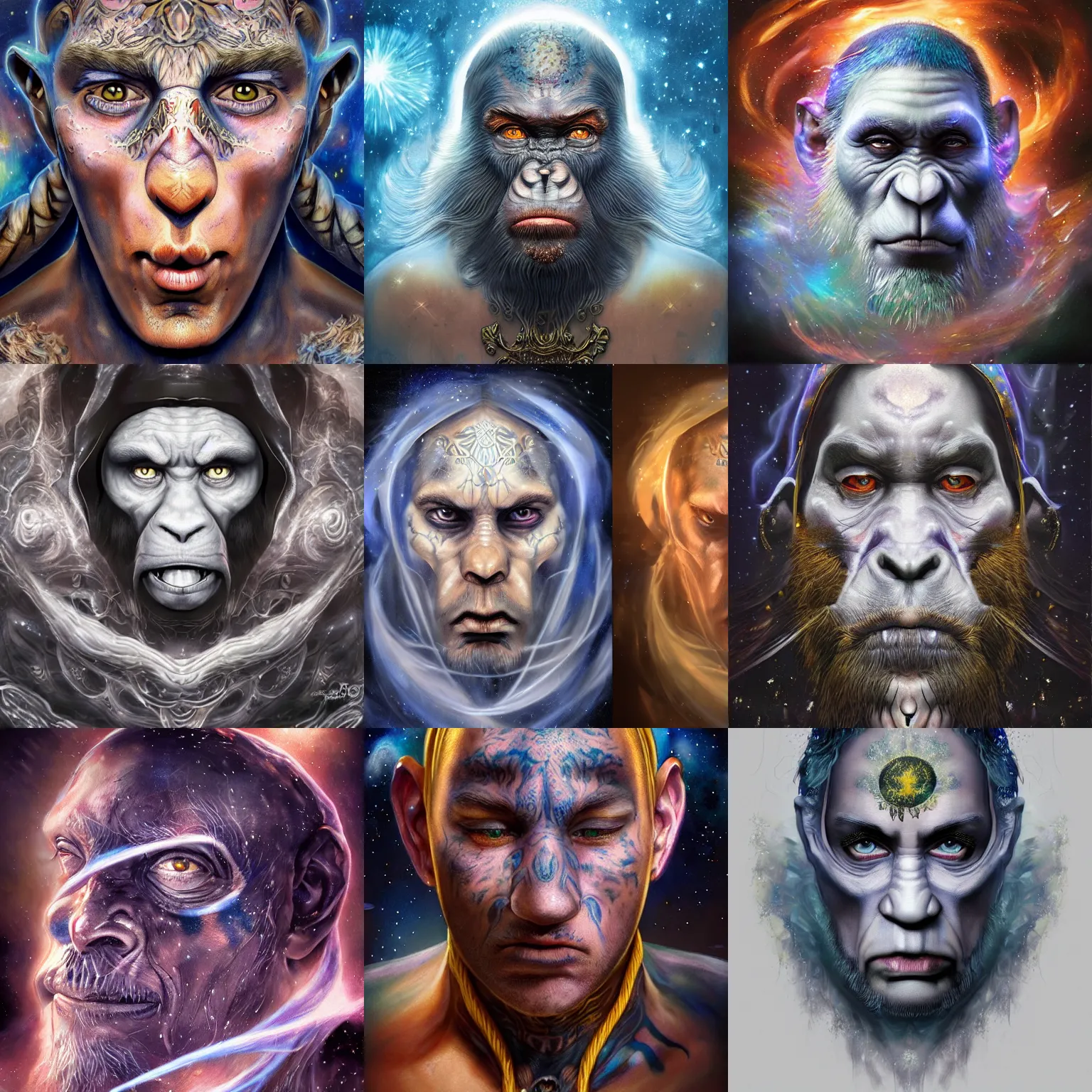 Prompt: a wlop 3 d render of very very very very highly detailed beautiful mystic portrait of a eminem phantom ape mage with whirling galaxy around, tattoos by anton pieck, intricate, extremely detailed, digital painting, artstation, concept art, smooth, sharp focus, illustration, intimidating lighting, incredible art,