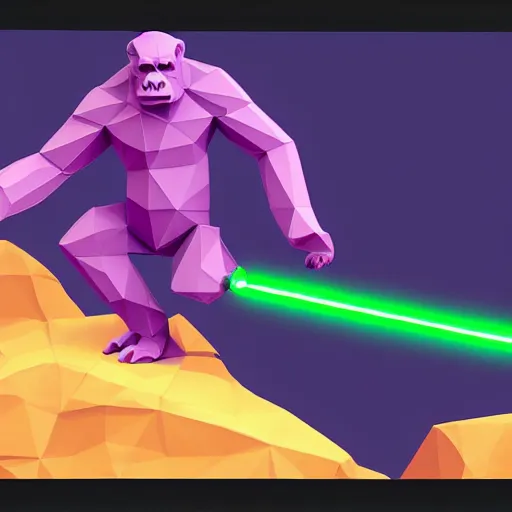 Prompt: purple gorilla using a green light saber in the desert comics style, low poly render - n 5