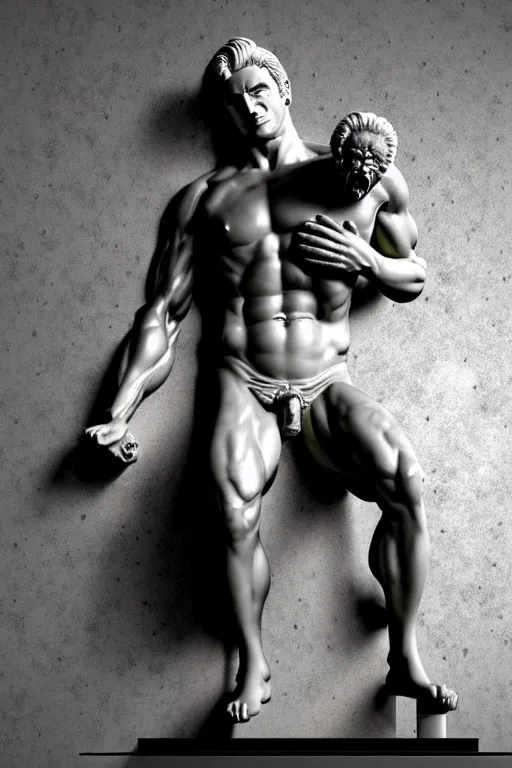 Prompt: hyperrealism billy herrington as a marble statue in ukrainian odessa wallpaper in style of alejandro jodorowsky and giger and araki nobuyoshi