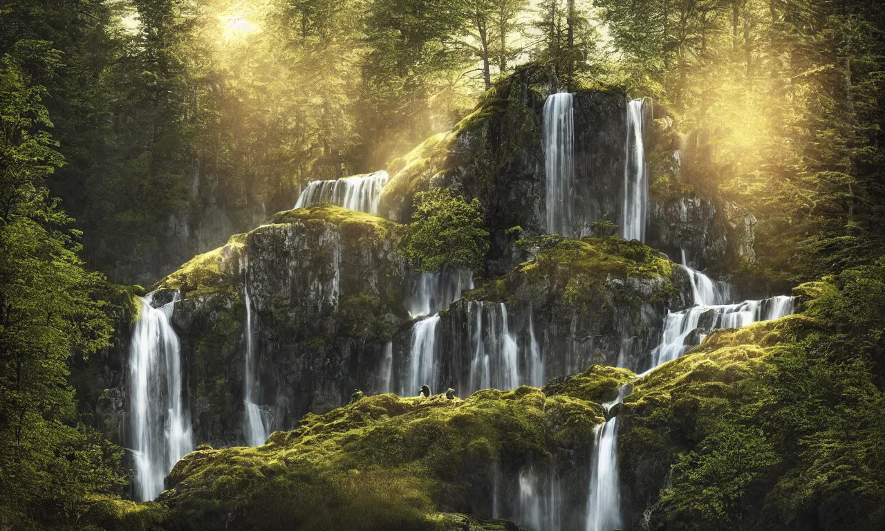 Image similar to beautiful large scandinavian house in the forest on a hill, a large waterfall flows down from the mountain in the background, vector art, fabulous, random cinematic view, no noise, global illumination, warm lighting, volumetric, by jordan grimmer