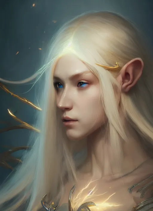 Prompt: Half-body portrait of a beautiful elven princess with blonde hair and luminous aura. In style of Hyung-tae Kim and Greg Rutkowski, concept art, trending on ArtStation, Korean MMORPG, over-detailed art, 8K, epic, dynamic lightning, dramatic pose.