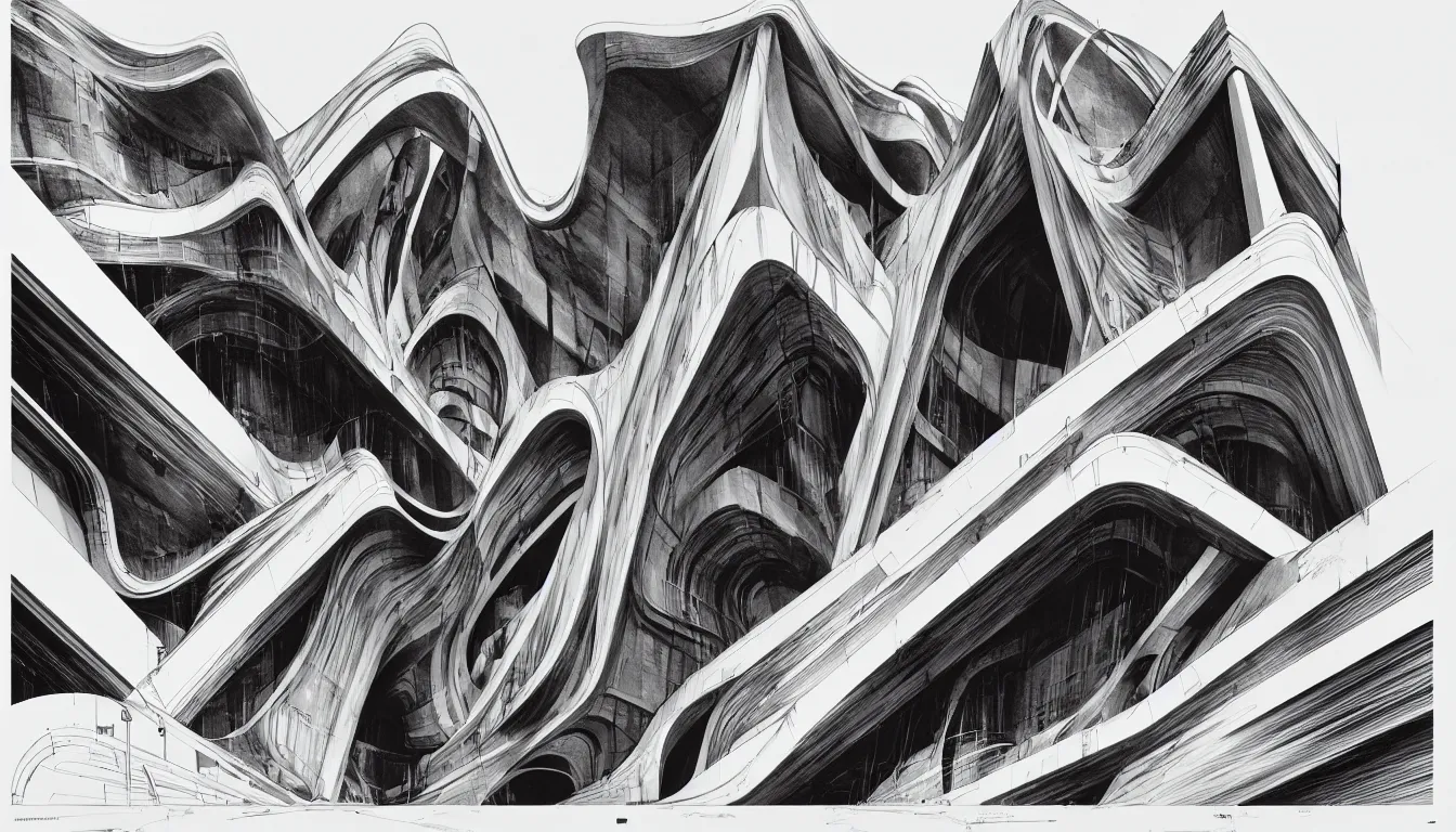 Prompt: slot canyons drawing by zaha hadid, a screenprint by robert rauschenberg, behance contest winner, deconstructivism, da vinci, constructivism, greeble
