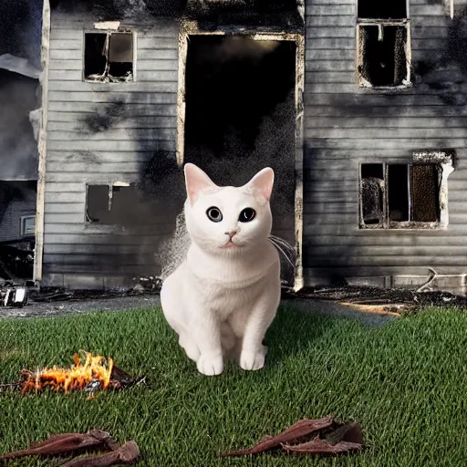 Image similar to an adorable ominous cat sitting in the yard of a two story home that is blazing on fire in the background behind the cat, real photo, evening