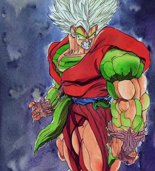 Image similar to a 3 / 4 view watercolor ink painting of broly as a demon in the style of jean giraud in the style of moebius trending on artstation deviantart pinterest detailed realistic hd 8 k high resolution