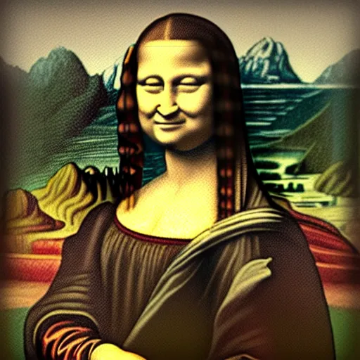 Image similar to painting of minecraft dirt block, high definition picture of a painting of a person with a minecraft dirt block as a head on a wall, with only the body of the mona lisa