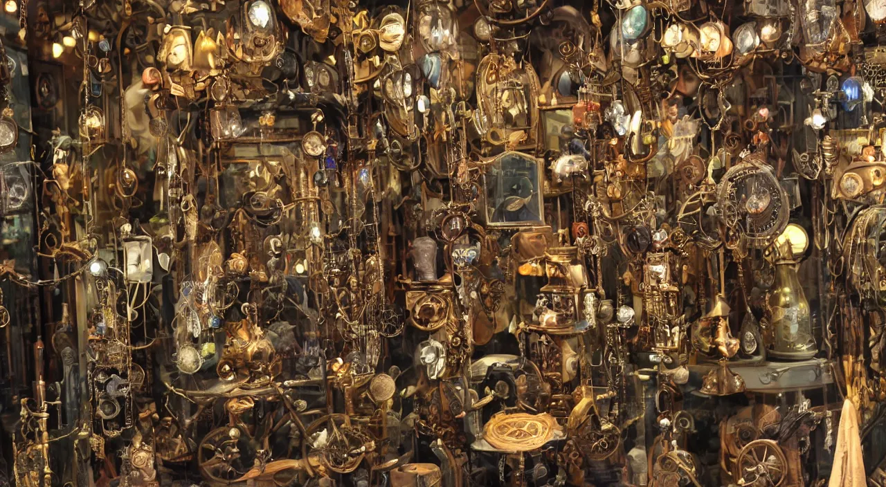 Image similar to closeup of a steampunk shop window by don bluth, photo realistic, tv screens, filled with interesting oddities, things hanging from ceiling, light bulbs, cinematic