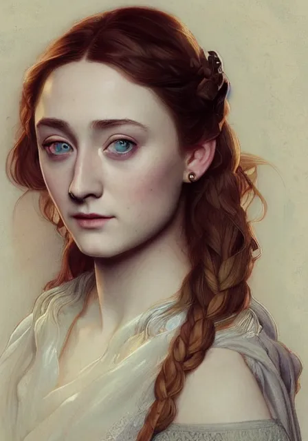 Image similar to sansa saoirse ronan, intricate, elegant, highly detailed, digital painting, artstation, concept art, smooth, sharp focus, illustration, art by artgerm and greg rutkowski and alphonse mucha and william - adolphe bouguereau