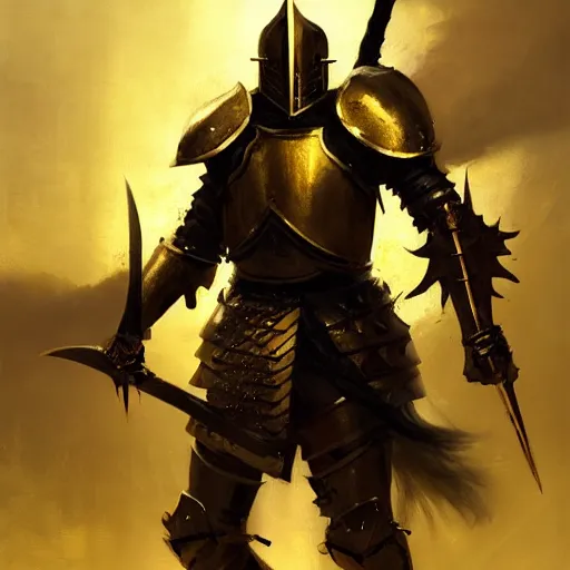 Image similar to anthropomorphic knight warrior in battle wearing black and gold plate armor, oil painting, Tooth Wu, Greg Rutkowski, RPG, dynamic lighting, fantasy art, High contrast, depth of field, landscape, scenery