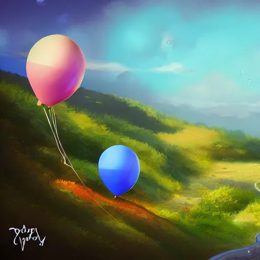 Prompt: digital art of plenty of birthday balloons floating with a giant cake above a beautiful landscape. artstation cgsociety masterpiece