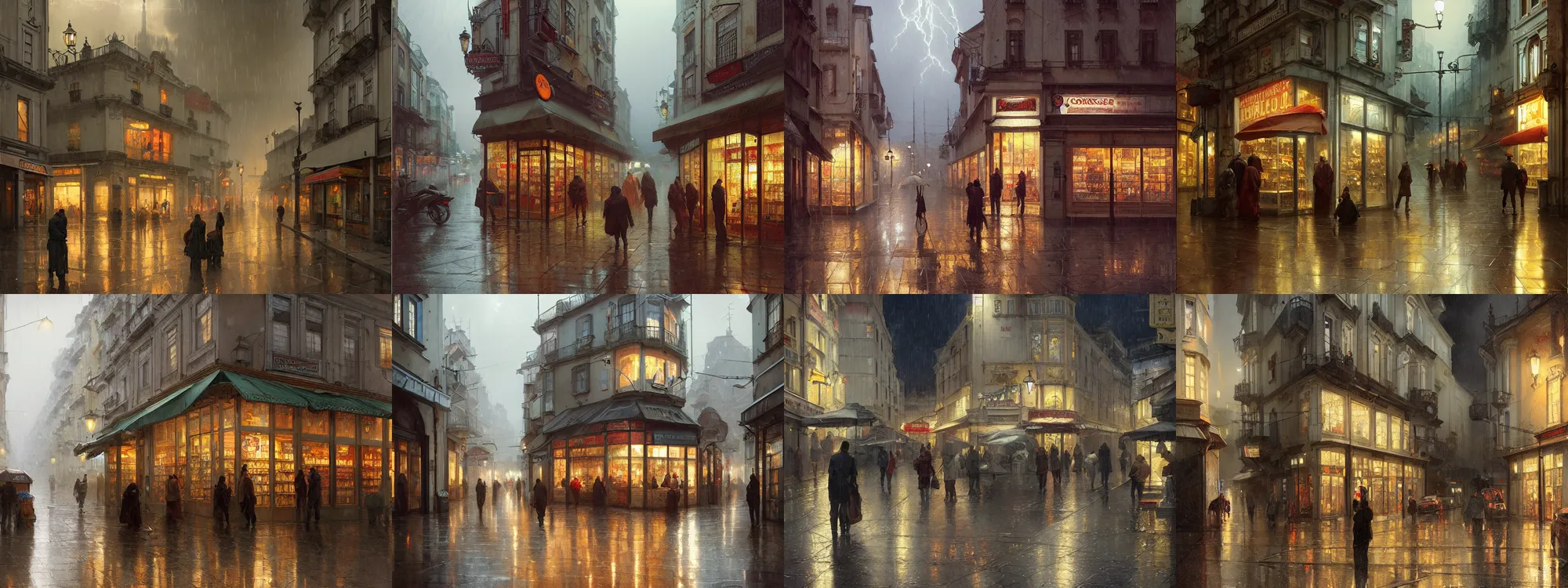 Prompt: a convenience store of 2022 portugal lisbon at night with heavy rain and lightning on the street of a very highly detailed logital matte painting art by Greg Rutkowski, highly logical and striking detailed architecture by alphonse mucha