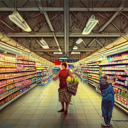 Image similar to a beautiful painting of a pristine and sterile supermarket grocery store, representative of the art style of artgerm and wlop and peter mohrbacher, portrait