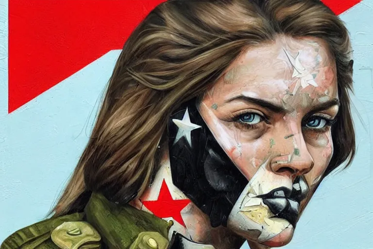 Image similar to a sad female soviet soldier, art by Sandra Chevrier