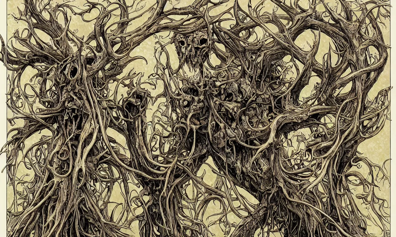 Image similar to hyperdetailed art nouveau portrait of treebeard as a cthulhu eyeball moose skull wendigo cryptid monster, by geof darrow, simon bisley and bill sienkiewicz, grim yet sparkling atmosphere, photorealism, claws, skeleton, antlers, fangs, forest, wild, crazy, horror, lynn varley, lovern kindzierski, steve oliff